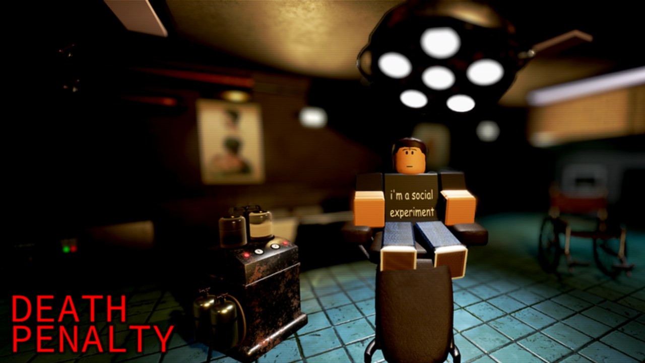 Death Penalty inmate strapped in a dark experimental chair inside the Roblox prison